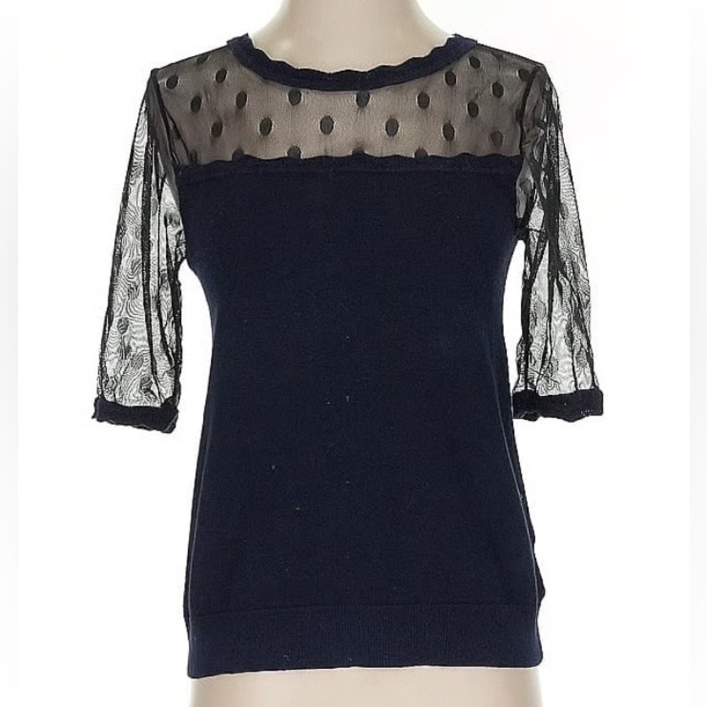 Anthropologie Knitted & Knotted Navy Blue Lace Knit Cotton Top Romantic Size M